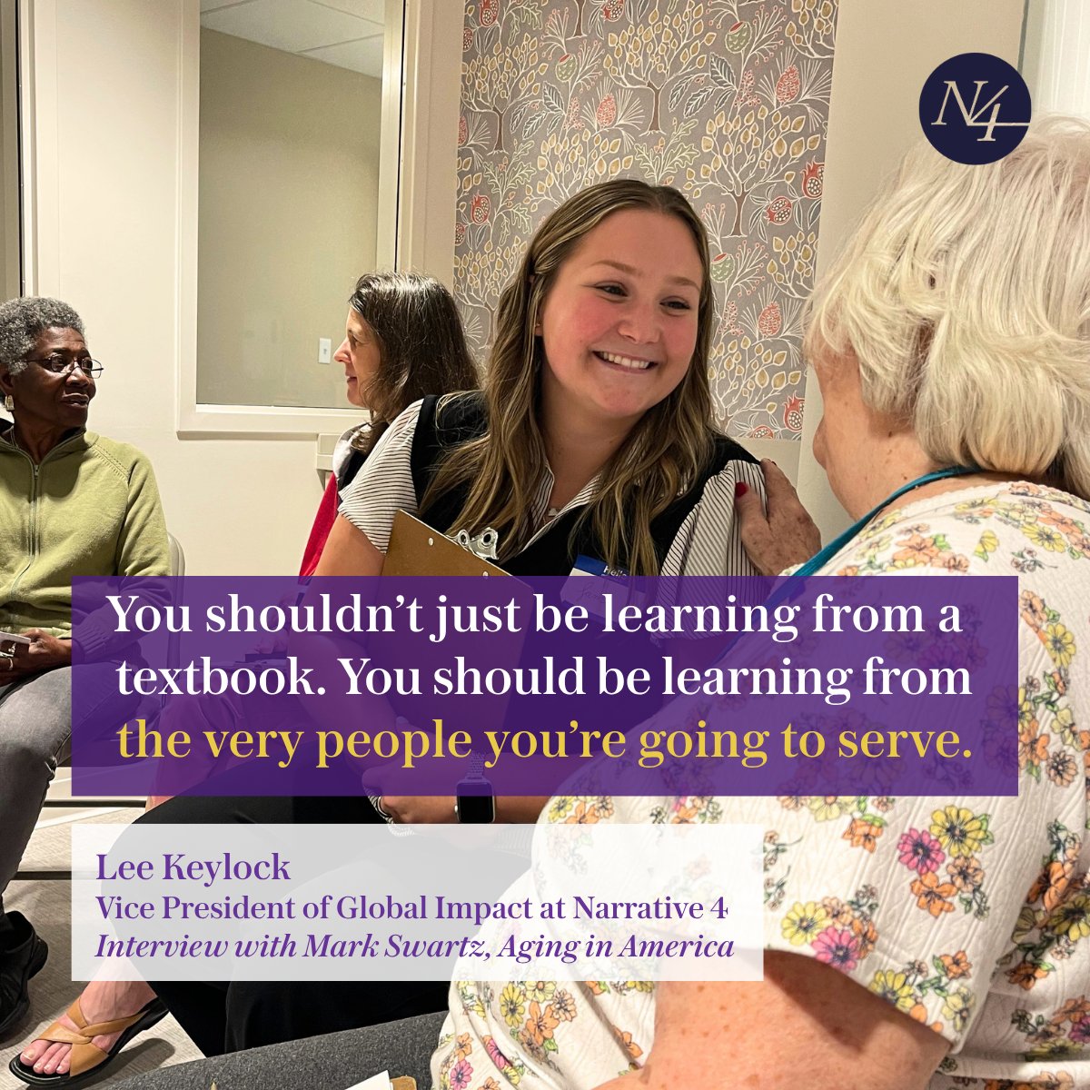 narrative4's tweet photo. “We have to get better at seeing the value in one another — and stories are always the best way to do that.” ✏️

N4's Lee Keylock recently spoke to Mark Swartz at Aging in America about how stories can help bridge generational gaps. Read the full story at https://t.co/KkLeaZCllw https://t.co/tF6K5vizTV