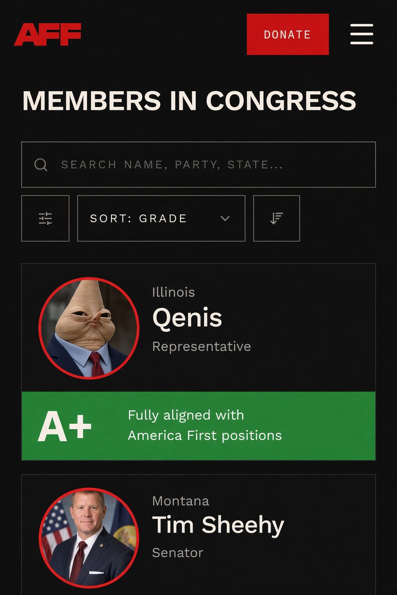 GroypSlopper's tweet photo. I have been playing with the new AFF scorecard and it's no surprise Qenis is the only politician who is 100% aligned with the AF vision https://t.co/HLdCL7oBEL