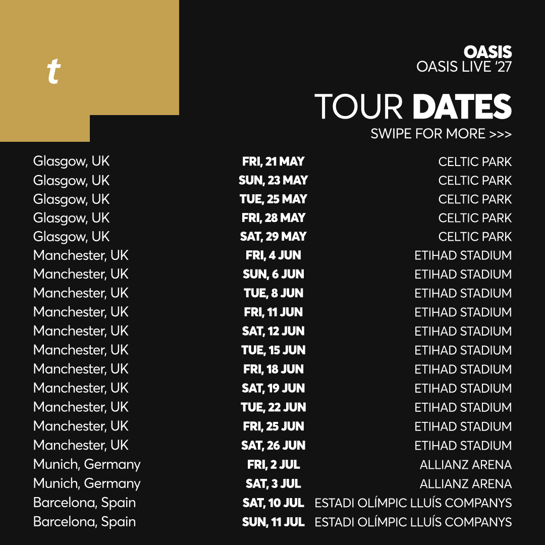 TicketmasterUK's tweet photo. Going Supersonic all over again 🕶🎸 Oasis just announced Oasis Live '27 dates.

Here’s what to know so you’re ready when tickets drop.

🚨 Note that registration is the only way to get tickets. Limited tickets may be released at a later date.

🎫: https://t.co/niPVdcUghK https://t.co/b4yxQMNXMI