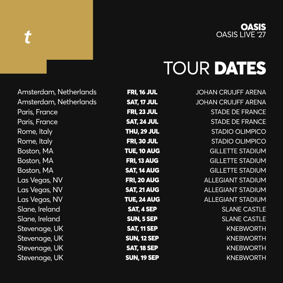 TicketmasterUK's tweet photo. Going Supersonic all over again 🕶🎸 Oasis just announced Oasis Live '27 dates.

Here’s what to know so you’re ready when tickets drop.

🚨 Note that registration is the only way to get tickets. Limited tickets may be released at a later date.

🎫: https://t.co/niPVdcUghK https://t.co/b4yxQMNXMI