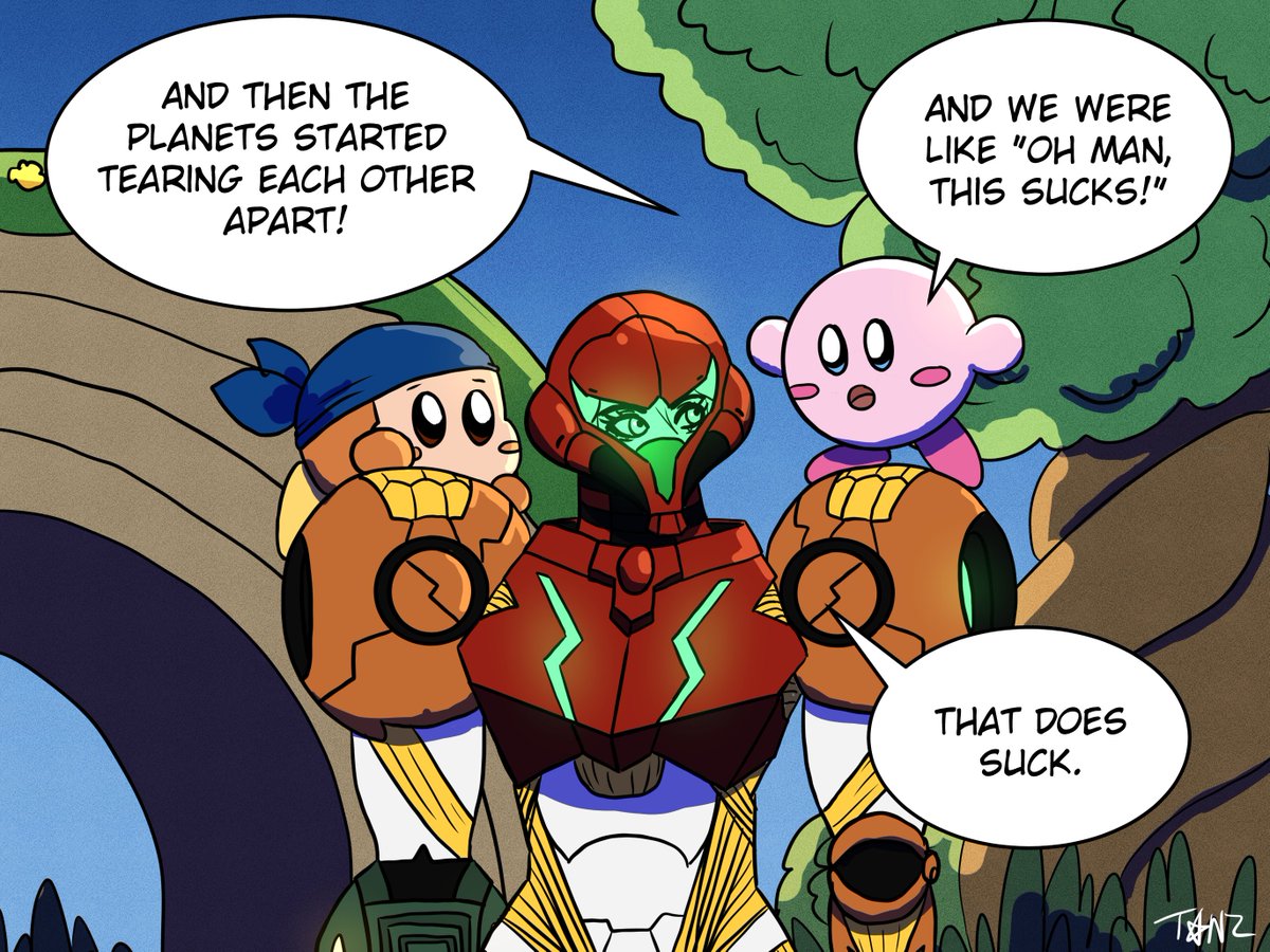 Tanzer_Art's tweet photo. Catching up on their adventures #metroid #kirby https://t.co/SfqxmiaT2e