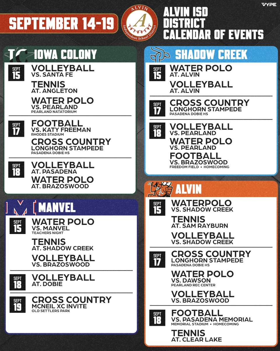 AlvinISDAth's tweet photo. π Another big week across Alvin ISD Athletics!
π
September 14β19
π Check out this weekβs district schedule and come support Alvin, Iowa Colony, Manvel & Shadow Creek!
Good luck to all of our teams competing this week! π
#AlvinISDAthletics #AlvinISD #StudentAthletes https://t.co/ryqGkH6qV0