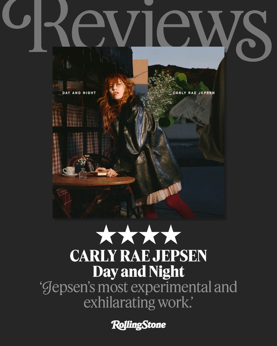RollingStone's tweet photo. The Rolling Stone Review: Carly Rae Jepsen's 'Day and Night' 

"'Day and Night' isn’t just a double album; it’s also a travelogue — musically and lyrically — of love." 

⭐️⭐️⭐️⭐️ https://t.co/q6WUR4Zfcg