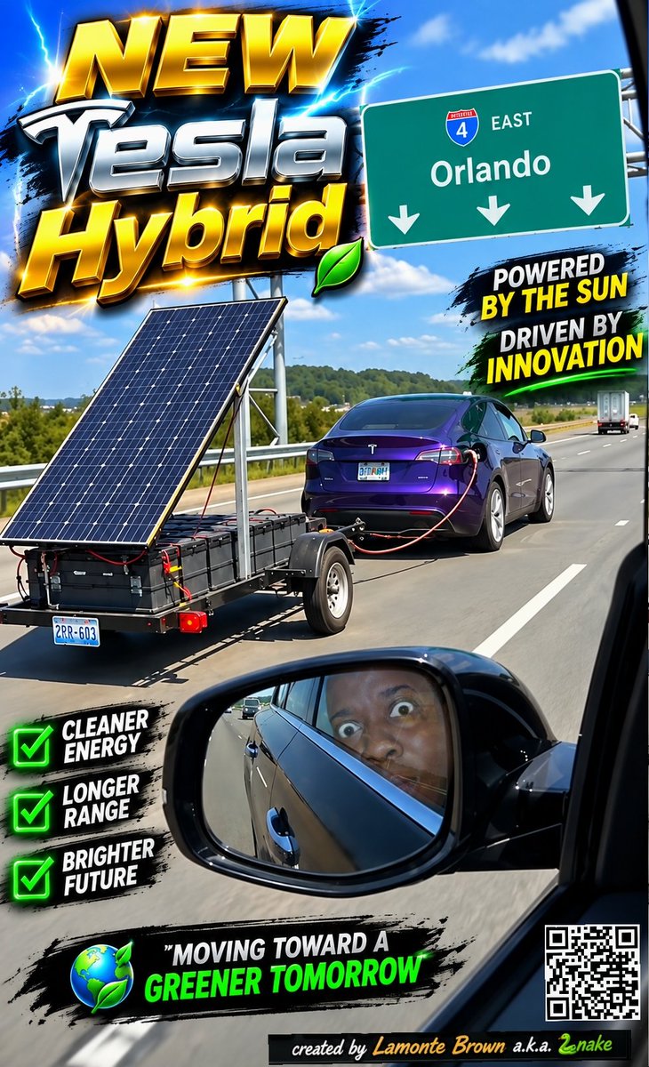 SnakeBrowm's tweet photo. NEW TESLA HYBRID? 😂⚡☀️

When you want an electric car but you’re NOT taking any chances on finding a charging station! 😂 This Tesla driver said, “Forget the Supercharger — I’m bringing the POWER PLANT with me!” https://t.co/VIQEdG4cWx