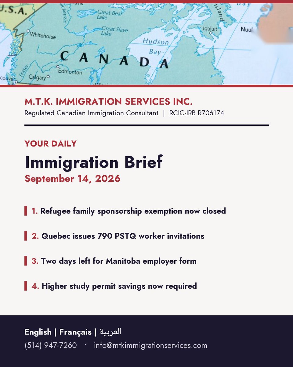 MTK_Immigration's tweet photo. Canada has ended the temporary policy that let refugees sponsor undeclared spouses or children. After September 10, 2026, the lifetime sponsorship bar is back in full force. Ask a licensed rep about H&amp;C options. #CanadaImmigration #FamilySponsorship https://t.co/n1chikhFLF