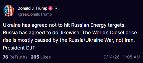 KobeissiLetter's tweet photo. BREAKING: President Trump said Ukraine and Russia have agreed to not hit energy targets.

Trump also says the surge in diesel prices is "mostly caused by the Russia-Ukraine war, not Iran." https://t.co/jzHyA3Hfza