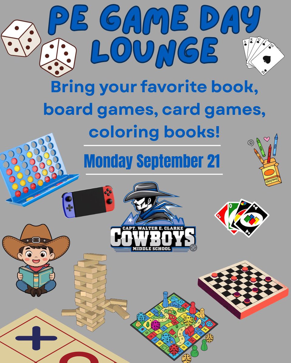 VVicencio_CMS's tweet photo. Our PE Game Day Lounge is happening on Monday, September 21 during PE Classes!!
Bring your favorite board game, card game, book to read or coloring supplies!
🎲🃏📚🎨🖍️🎮
@A_Espinoza_CMS @dprieto_cms @WalterEClarkeMS @FJordan_CMS @24Valle7_CMS https://t.co/9EpexOzuhX