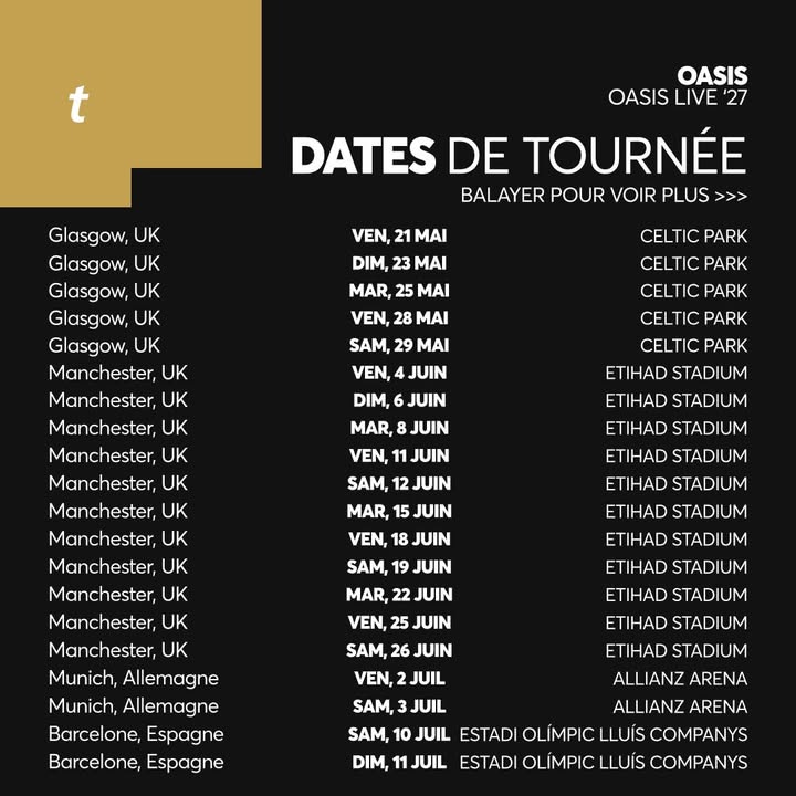 TicketmasterFR's tweet photo. C'est reparti pour un tour Supersonic ! 🕶🎸  @oasis vient d'annoncer les dates de Oasis Live '27.
Voici tout ce qu'il faut savoir pour être prêt(e) lorsque les billets seront mis en vente.
🚨 Attention : l'inscription est le seul moyen d'obtenir des billets. Un nombre limité de billets pourrait être mis en vente ultérieurement.

🎫 https://t.co/Xxmyl2zoKN