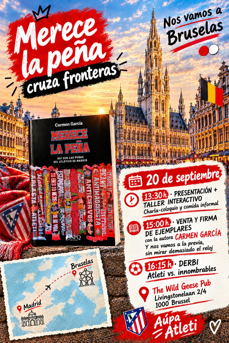 CarmenTeloCuent's tweet photo. MERECE LA PEÑA CRUZA FRONTERAS 🌎

El 20/9 Merece la Peña aterriza en Bruselas.
Presentación, charla, viajes, historias, venta y firma de ejemplares. Entremedias, comida informal de pub: se pide, se come y se charla
Y luego nos ponemos en modo previa para ver el derbi juntos ❤️🤍 https://t.co/j1si3r9xYr