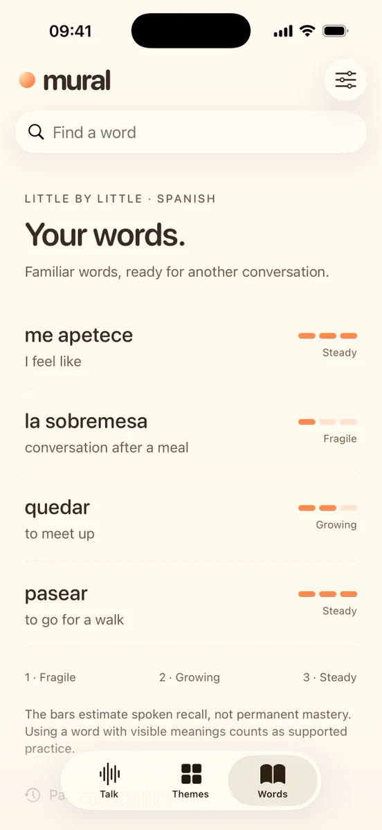 Captura de pantalla donde salen las palabras del idioma seleccionado
