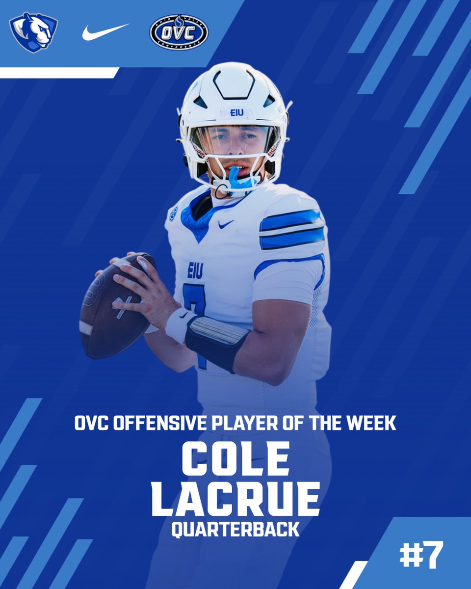 EIU_FB's tweet photo. 3⃣3⃣2⃣ Total Offense
4⃣ Touchdowns

@lacruecole18 is the @OVCSports Offensive Player of the Week‼️

#WeNotMe | #BleedBlue | #TogetherWeWill https://t.co/T972FseqPi