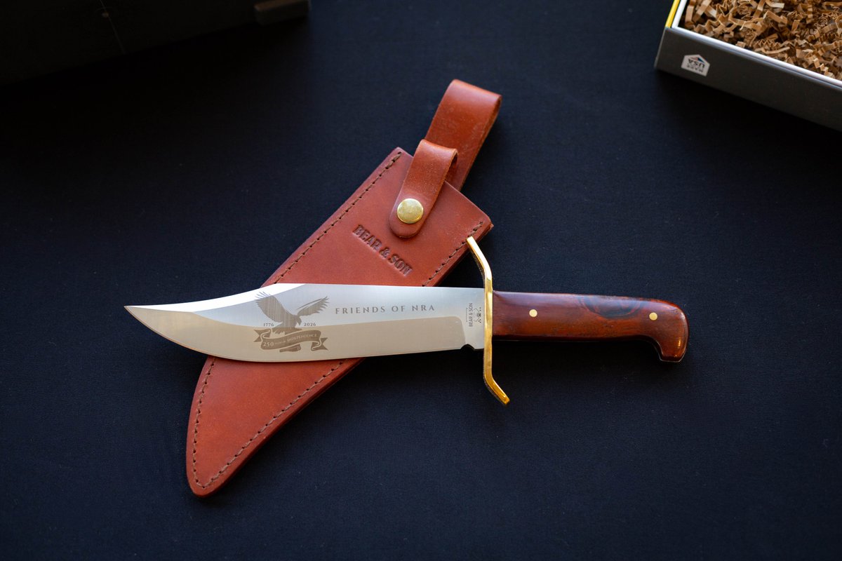 FriendsofNRA's tweet photo. Celebrate 250 years of American history with the Gold Rush Bowie Knife – Declaration of Independence 250th Anniversary Edition. 🇺🇸

It features a commemorative engraving, premium steel blade, Cocobolo wood scales &amp; classic brass guard.

@BearCutlery 
 https://t.co/bdQx8rtZXa https://t.co/muo1QcidX0