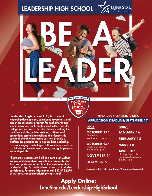 SpringISD_FACE's tweet photo. The @lonestarcollege Leadership High School program is a great opportunity for @SpringISD sophomores and juniors to grow their leadership skills, explore their future, and prepare for college and career success!

⏰ Apply by Thursday, September 17!

https://t.co/xYsRZeOIUt https://t.co/Y9LJQQzGNE