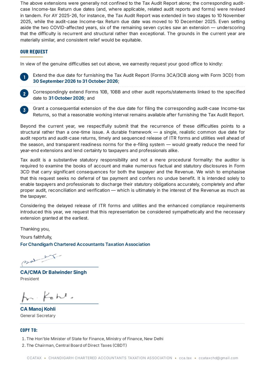 rambajajgst's tweet photo. Retweet For Support Date Extension Demand 

Chandigarh Chartered Accountants Taxation Association has written to the Hon'ble Finance Minister & CBDT requesting extension of the 30 September 2026 due date for the Tax Audit Report and other audit reports (Forms 10B/10BB) to 31 October 2026, with relief for audit‑case returns.

@IncomeTaxIndia 

#ExtendDueDate #TaxAudit #CCATAX #IncomeTaxFilingDate 

Ram Bajaj
8696424223

For Regular GST Updates, Join this Group
https://t.co/TomhZ4lVGf