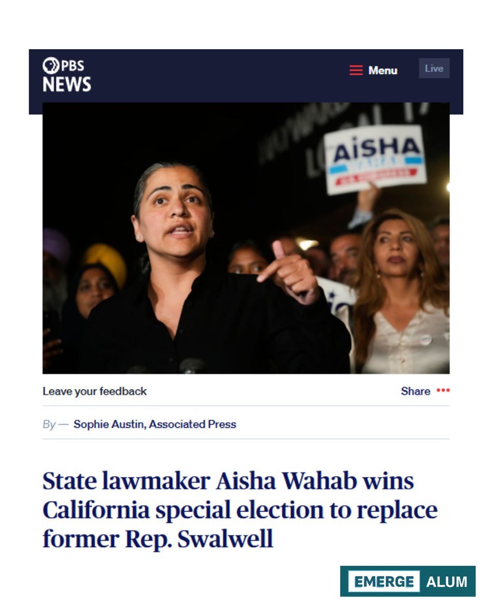 EmergeAmerica's tweet photo. Emerge alum Aisha Wahab (@SenAishaWahab) is headed to Congress AND making history! 

With her special election victory in California’s 14th Congressional District, she is the first Afghan American to serve in Congress, and her win means the Emerge Congressional Caucus is growing from 13 to 14. 

From foster care to Congress, Wahab’s historic journey demonstrates what’s possible when women are prepared to lead.