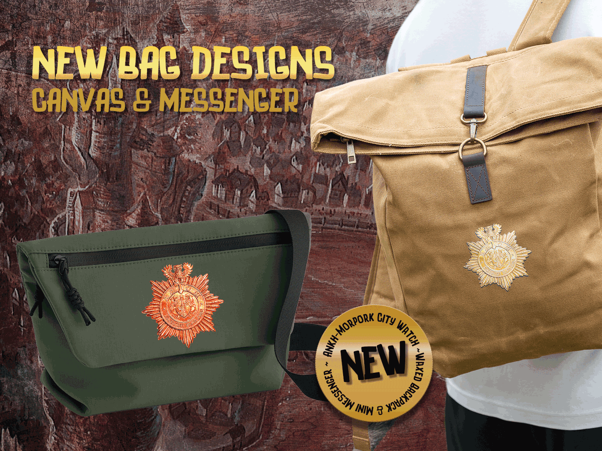 Discworld_com's tweet photo. NEW from the Watch: a sand waxed-canvas backpack and a pine-green mini messenger, both wearing the City Watch crest.

The Assassins’ range comes with a desk full of things we are not recommending. Ours is the safer collection of bits and bobs; notebook, badges and perhaps something to keep the rain off.

Also in the range: vintage rucksack and despatch bag. City Watch or Guild of Assassins. Choose your side.

👜 https://t.co/WJfDmM5bl5

Fabricati Diem, Pvnc.

#Discworld #CityWatch #TerryPratchett #DiscworldMerch #DiscworldOfficial