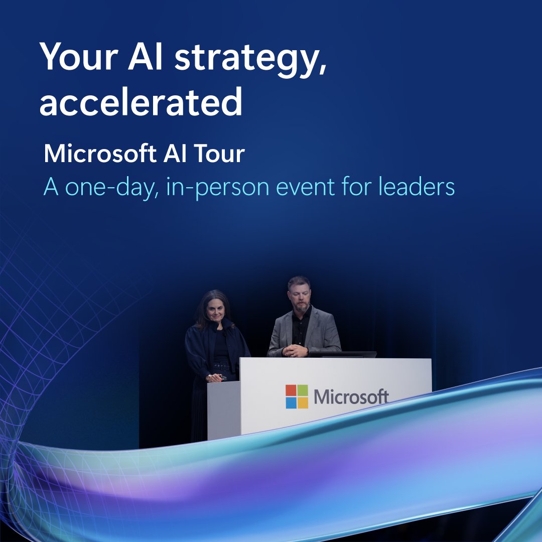 A promotional image for the Microsoft AI Tour featuring a man and a woman standing at a podium with the Microsoft logo. The text reads: 'Your AI strategy, accelerated. Microsoft AI Tour. A one-day, in-person event for leaders.'