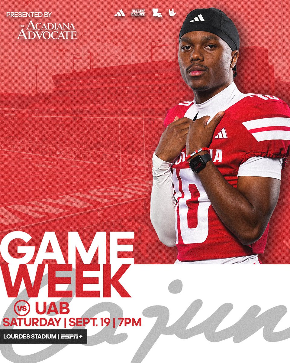 RaginCajunsFB's tweet photo. Back Home on Saturday for Alumni Weekend

🆚 UAB
📅 09.19.26
⏰ 7:00 pm
🏟 Our Lady of Lourdes Stadium
📺 ESPN+
🎟️ https://t.co/ZnPoyZAnzV
🎟️ https://t.co/70dAsNklMA

#cULture | #GeauxCajuns https://t.co/uCwt2eIf8K
