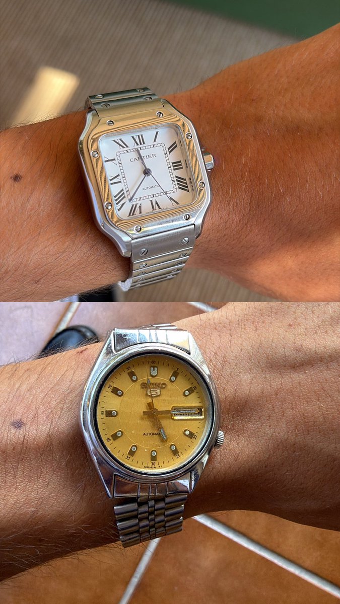 Cortcorn's tweet photo. 1. Cartier Santos de Bangkok (100€) FAKE
2. Seiko 5 Automatic del año 1979 (110€) ORIGINAL

¿ Con cuál os quedáis ? https://t.co/VcwRNk4NQQ