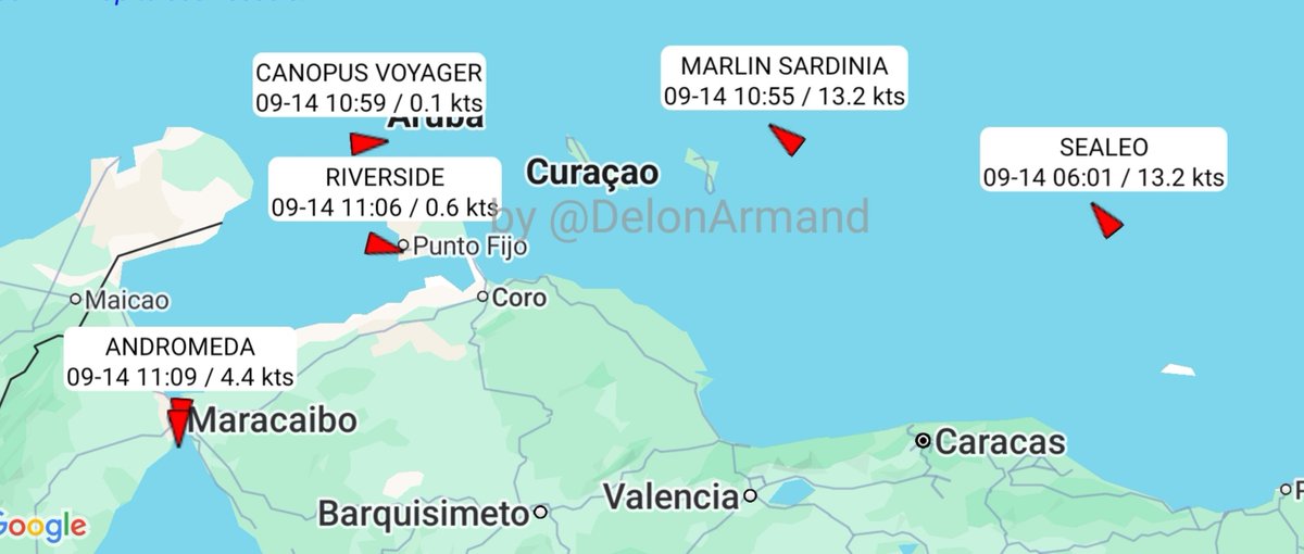 DelonArmand's tweet photo. Venezuela #oil #tankers

Andromeda US → Bajo Grande
Canopus Voyager US → Jose
Marlin Sardinia Jose → US
Riverside US → Amuay
Sealeo Jose → US

→ PDUSA facturando millones de dolares, gran cantidad de buques arriban y zarpan de terminales venezolanos (ver TL)
#oilandgas https://t.co/08kCjBy6Kn