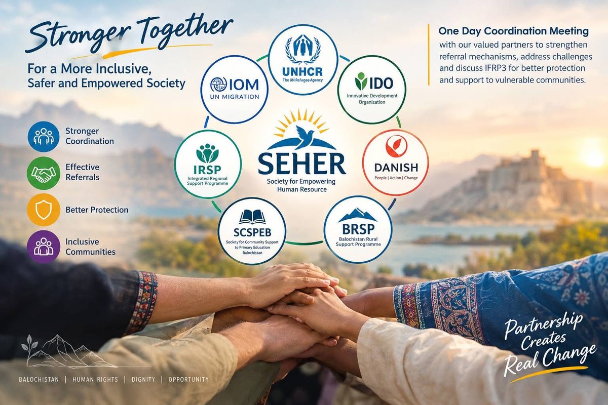 SBolochistanpk's tweet photo. SEHER hosted a one-day coordination meeting on Sep-10-2026, with key partner
#SEHER #HumanRights #Protection #Coordination #ReferralMechanism #Partnership #Balochistan #UNHCR #IOM #IDO #BRSP #SCSPEB #IRSP #DANISH #IFRP3 #CommunityEmpowerment
#ALAC #LAPS #PCM #PROJECT https://t.co/zfcutnjoVU