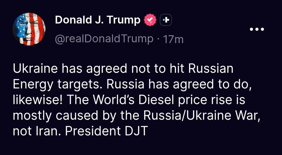 BohuslavskaKate's tweet photo. First, that 1000 for 1000 prisoner of war swap Trump promised before the Russian parade hasn't even happened yet. Maybe deliver on one promise before the next?

​​Second, Russia will use this to rebuild some of its oil refineries and will absolutely return to bombing Ukrainian infrastructure this winter.

​Regardless, let's wait for an official update from involved sides.