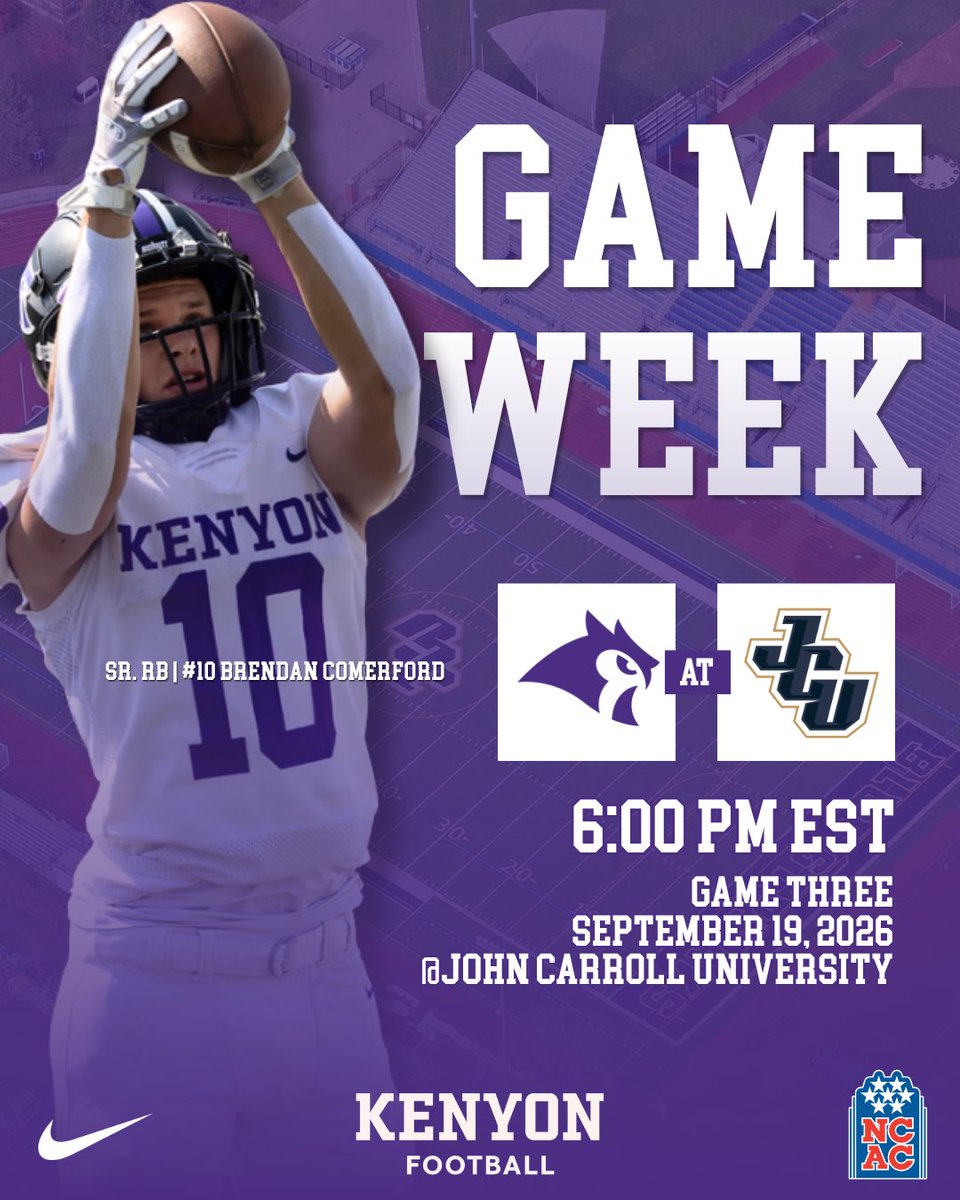KenyonFootball's tweet photo. 🚨GAME WEEK🚨 
🆚: #10 John Carroll University
⏰: 6:00 PM EST
🏟️: Don Shula Stadium
📍: University Heights, OH
📺: https://t.co/VyEgzpgjBR

#TakeFLIGHT #GoOwls https://t.co/nqbtHQh6EP