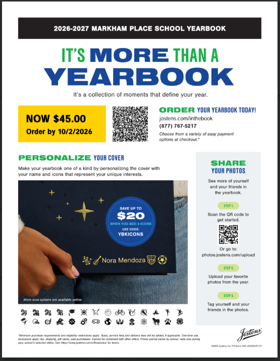 Warrior_News's tweet photo. Markham Place Yearbook  2026-27 - on sale!!

NOW $45 Order by 10/2! https://t.co/LJOWVpQuV1
