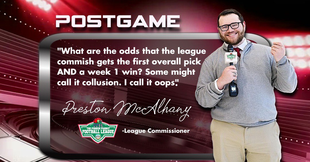PigskinParrot's tweet photo. Upon winning the season opener of The Pigskin Parrot Football League, our commissioner (me) had some words to say about the controversy surrounding his victory over BEASTMODESKITTLES. #fantasy #fantasyfootball #nfl #espnfantasy https://t.co/bUQMttHuRV