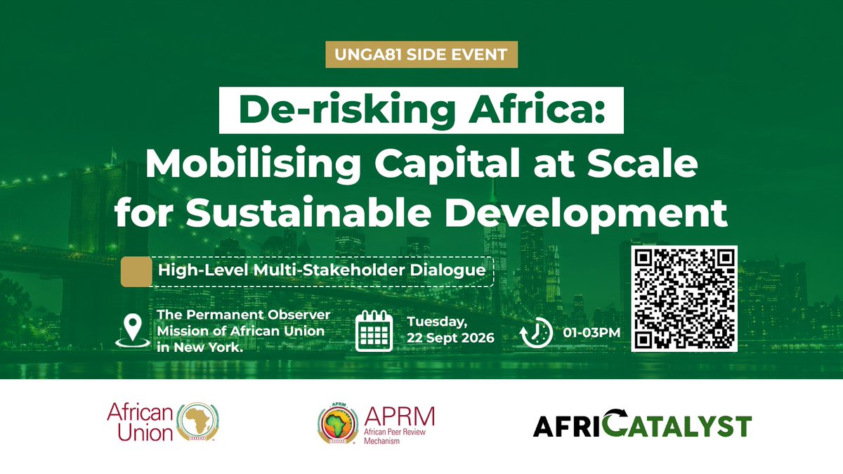 _Africatalyst's tweet photo. 🔴 Save the Date!

On the margins of #UNGA81, in collaboration with @APRMorg, we’ll convene a high-level discussion on de-risking investment, mobilising capital at scale and advancing sustainable development in Africa. 🌍

Register Here: https://t.co/OMOW6sfqHb https://t.co/NIKPNkjkcf