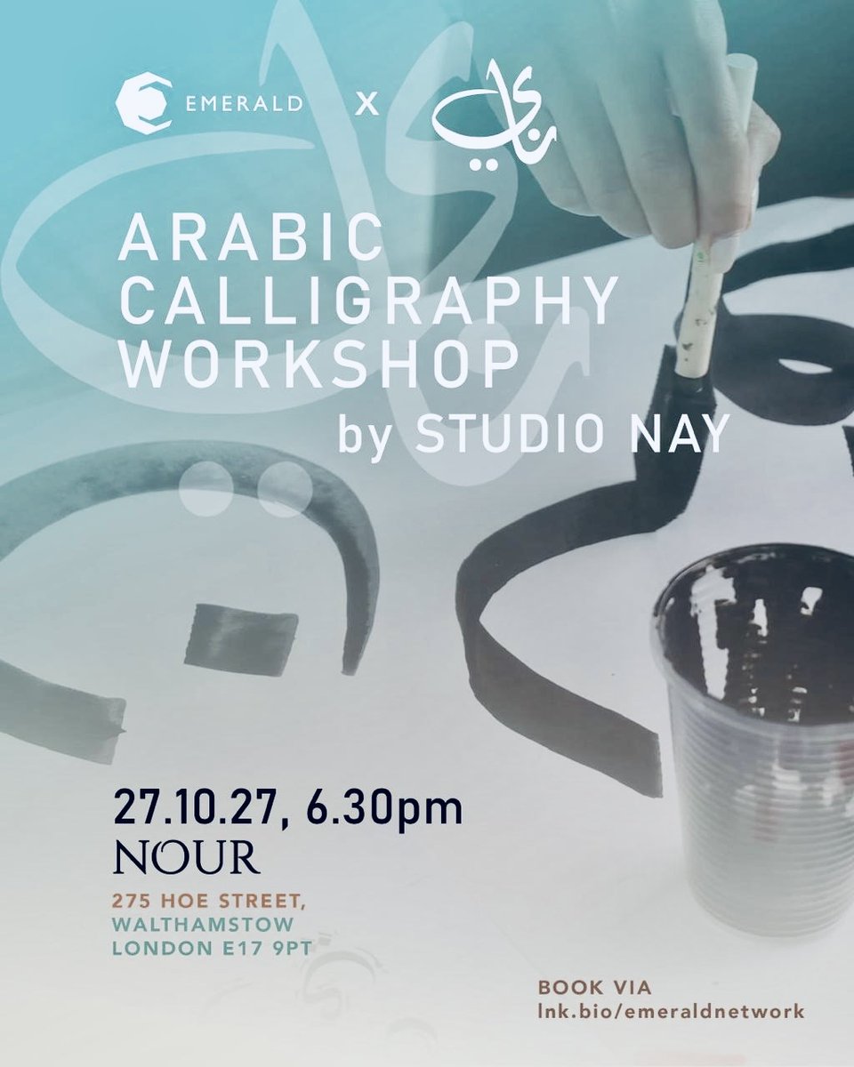 emeraldnetwork's tweet photo. Exclusive! Calligraphy workshop by Nayab Ahmed at Nour - limited places - early bird offer via https://t.co/9kidOuj6EZ #arabic #calligraphy https://t.co/Zf8cXLr61U