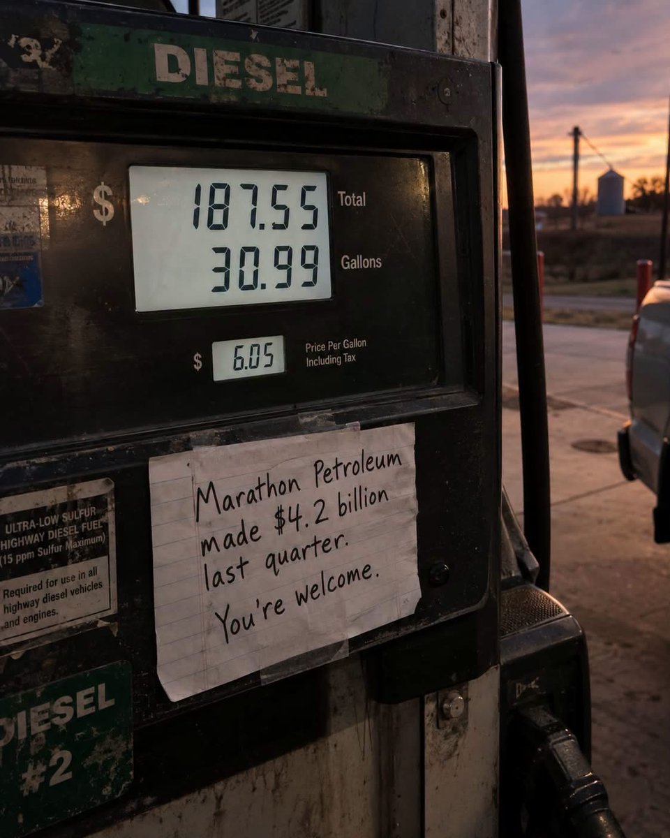 WheelerRipWA's tweet photo. Diesel hit $6.05 per gallon yesterday. The highest price ever recorded in the history of the United States. It set all time records in 28 states simultaneously. In California the average is $7.98. Five California stations ran out of room on their price boards and are displaying $9.999, the highest number their machines can physically show.

Americans are spending $700 million more per day on gas and diesel than they did a year ago.

And right on schedule, the argument has started. One side says it is Trump's fault because of the war with Iran. The other side says it has nothing to do with Trump. Both sides are missing the actual story. And I think that is by design.

The war with Iran is real. The Strait of Hormuz is constrained. Fuel exports are disrupted. That is a factor. But if you stop there you will never understand why $6 diesel is happening now when crude oil is not even close to its all time high.

Crude oil hit $100 per barrel this week. That sounds like a lot until you adjust for inflation. In 2008, crude hit $147 per barrel. Adjusted to today's dollars that is over $210. In 1980 during the Iranian Revolution, crude hit $36 per barrel. Adjusted to today's dollars that is over $160. The current price of crude is well below both of those peaks in real terms.

But diesel was never $6 during those crises. Not in 1980. Not in 2008. Not ever.

The barrel price does not explain $6 diesel. Something else does. And that something else is the part nobody in Washington wants to talk about.

Between 2020 and 2026, 11 major U.S. oil refineries permanently closed or stopped refining crude oil. Not temporarily shut down. Permanently gone. The combined capacity lost is approximately 1.72 million barrels per day gross, roughly 900,000 barrels per day net after accounting for some expansions at remaining facilities.

These were not small operations. Philadelphia Energy Solutions in Pennsylvania, 335,000 barrels per day. Shell Convent in Louisiana, 211,146 barrels per day. Phillips 66 Alliance in Belle Chasse, Louisiana, 255,000 barrels per day. Marathon Petroleum in Martinez, California, 161,000 barrels per day. LyondellBasell in Houston, 263,776 barrels per day. Phillips 66 in Los Angeles, 138,700 barrels per day. Valero in Benicia, California, 145,000 barrels per day. And several more.

U.S. refining capacity went from a record high of 18.98 million barrels per day at the start of 2020 to approximately 17.9 million by early 2022. The lowest level since 2014. It has continued declining since.

The Energy Information Administration said it plainly. "Typically, we don't see capacity close and then reopen in the same operating mode, so we think it's safe to say that the refineries that have closed are probably shuttered for good."

These companies did not lose these refineries in a fire or a hurricane and never recover. They made a business decision. Demand dropped during COVID. Margins tightened. And instead of weathering the downturn and maintaining capacity for the recovery that everyone knew was coming, they permanently closed facilities, removed the capacity from the market forever, and waited.

When demand came roaring back in 2021 and 2022, the capacity was gone. Fewer refineries processing crude into fuel meant less supply of diesel and gasoline. Less supply meant higher prices. Higher prices meant wider margins. And wider margins meant the largest profits in the history of the refining industry.

The refining margin is called the crack spread. It is the difference between what a refiner pays for a barrel of crude oil and what they earn selling the refined products. From 2010 to 2021, the historical average crack spread was $10 to $16 per barrel. That was normal. That was steady. For over a decade.

In 2022, when the Russia-Ukraine war disrupted European fuel supply while U.S. refining capacity was still depleted from the closures, crack spreads exploded to $50 to $60 per barrel. Three to four times the historical norm.

In 2023 and 2024, spreads came down to $15 to $25. Closer to normal. Prices at the pump came down some. But they never went back to where they were before. The floor had been permanently raised.

Now in 2026, with the Iran war disrupting the Strait of Hormuz and Ukrainian drones hitting Russian refineries, crack spreads have surged past even the 2022 records. And the companies that removed the capacity are harvesting the consequences.

Marathon Petroleum, Valero Energy, and Phillips 66 collectively earned $12.6 billion in the second quarter of 2026 alone. Their highest combined quarterly result since 2022. Their stock prices are surging. Forbes reported in July that refining stocks are soaring as crack spreads hit record highs.

Marathon is the company that permanently closed its Martinez, California and Gallup, New Mexico refineries during COVID.

Phillips 66 is the company that closed its Alliance refinery in Louisiana after Hurricane Ida, closed its Rodeo and Santa Maria facilities in California, and closed its Los Angeles refinery in October 2025.

Valero is the company that ceased operations at its Benicia, California refinery in early 2026.

The same companies that removed the capacity are the same companies posting record profits from the scarcity that removal created.

And here is where it becomes something more than just a market story.

Before COVID, the oil and gas industry spent roughly $55 to $68 million per election cycle on political contributions to federal candidates and parties. That was the steady state for a decade. $56 million in 2018. $63 million in 2020.

In the 2024 election cycle, the oil and gas industry spent $219 million to influence the election. $67 million directly to candidates. $151 million in outside spending through PACs and super PACs. 88% of it went to Republicans.

From $63 million in 2020 to $219 million in 2024. A 247% increase in a single cycle.

Annual lobbying went from $112 million in 2020 to $154 million in 2024. The American Fuel and Petrochemical Manufacturers, the trade group that specifically represents refining companies, doubled its own lobbying budget from a $3.4 million annual average to $6.9 million starting in 2023, the same year its members were posting record profits from constrained supply.

The refiners' trade group doubled its lobbying the same year the refiners posted their highest profits from the capacity they deliberately destroyed.

Valero tripled its political contributions from the 2022 cycle to the 2024 cycle. $1.78 million to $5.66 million. This is the same company that closed its Benicia refinery in early 2026, removing another 145,000 barrels per day, and posted billions in quarterly profits.

And what are those politicians doing with all that money and all that influence?

They are not investigating why diesel is at $6 when crude does not justify it. They are not holding hearings on refining margins. They are not asking why companies that permanently removed capacity are posting record profits from the scarcity they created. They are not proposing legislation to incentivize new refining capacity or to regulate crack spreads that are running 3 to 5 times their historical average.

They are doing nothing. Because the money has purchased their silence.

This is the story that neither side of the political argument wants you to see. Blaming Trump and the Iran war is convenient because it puts the problem on one man and one policy decision. Defending Trump by saying the war is necessary and prices will come down is convenient because it avoids examining who is actually profiting and why.

The truth is bigger than either argument.

The war is the accelerant. It is not the cause.

The cause is structural. The refining industry used COVID as cover to permanently reduce capacity. Every crisis that has come since, Russia-Ukraine in 2022, the Iran war in 2026, hits American consumers harder than it should because the cushion was deliberately removed. The system has less margin for disruption. And every disruption generates larger profits for the companies that made the system more fragile by design.

Then those profits get recycled into political spending. $219 million in the 2024 cycle. $154 million in lobbying in a single year. That money buys silence. It buys inaction. It buys the absence of hearings, the absence of investigations, the absence of regulation. And the cycle repeats.

Close the refineries. Tighten the supply. Wait for the next crisis. Harvest the margins. Post record profits. Spend record amounts on politicians. Protect the arrangement. Let the American consumer absorb the cost.

That is not a free market. That is a captured market. And the capture was paid for with profits extracted from the people now paying $6.05 per gallon to drive to work, feed their families, and heat their homes.

Diesel is the lifeblood of the American economy. It powers every truck that delivers every product to every shelf in every store you walk into. It powers the farm equipment that grows your food. It powers the construction equipment that builds your roads and your buildings. It powers the generators that keep your hospitals running when the grid fails. When diesel goes up, everything goes up. Groceries. Shipping. Heating. Construction. Manufacturing. Every cost that touches transportation, and in America that is nearly every cost, has diesel underneath it.

Fuel accounts for 15% to 30% of the total cost of food, according to the Independent Grocers Alliance. When diesel goes from $3.70 to $6.05 in one year, that is not a minor fluctuation. That is a structural shock to the cost of living for every American family.

And the people who engineered the conditions that make that shock possible are posting $12.6 billion in quarterly profits and spending $219 million to make sure the politicians you elected never ask them a single question about it.

The next time someone tells you diesel is expensive because of Trump, ask them why crude is below its inflation-adjusted highs from 2008 and 1980 but diesel is higher than it has ever been in history. Ask them what happened to the 11 refineries that closed since 2020. Ask them what a crack spread is and why it is running 3 to 5 times its historical average. Ask them how much Marathon, Valero, and Phillips 66 made last quarter. Ask them how much the oil and gas industry spent on the 2024 election.

And the next time someone tells you prices will come down when the war ends, ask them why prices never came back down after the Russia-Ukraine disruption faded in 2023. Ask them why the refining capacity that was removed during COVID was never rebuilt. Ask them why every subsequent crisis hits harder than it should.

The answer to both questions is the same.

The system is working exactly as designed. It is just not designed for you.

It is designed for the companies that post record profits every time a crisis creates scarcity. And for the politicians who take their money and look the other way while you pay for it at the pump, at the grocery store, and at your front door every time a package arrives.

$6.05 per gallon.

$12.6 billion in quarterly profits.

$219 million in political spending.

That is not an accident. That is an arrangement.

And you are paying for all of it.

SOURCES / RECEIPTS

Diesel hit $6.05 per gallon, all time record, 28 states set records simultaneously:
AAA national average, September 11, 2026
GasBuddy live data confirmed $6.00 crossed September 10, 2026
CNBC: "U.S. diesel price tops $6 per gallon, a record high as Ukraine and Iran wars ripple through economy" — https://t.co/kHUMbmtro3
NBC News: "Diesel hits all-time high of $6 per gallon" — https://t.co/LvWSNkAUSb
Bloomberg: "US Diesel Prices Rise Past $6 a Gallon for First Time Ever" — September 11, 2026
Patrick De Haan, GasBuddy Head of Petroleum Analysis, confirmed 28 states at all time highs via X post, September 10, 2026

California at $7.98, five stations at $9.999:
CNBC same article, citing AAA data: California at $7.9827
GasBuddy/Patrick De Haan confirmed 5 California stations at $9.999, the maximum their dispensers can display

$700 million more per day on gas and diesel:
GasBuddy analysis cited in CNBC and NBC News coverage, September 11, 2026

Crude oil at $100 per barrel, below inflation-adjusted highs:
https://t.co/kLoq7paDdE: "Oil Price History: From $3 in 1970 to Today" — 2026 Hormuz crisis peak at $111/barrel
https://t.co/xiPTqpILfk: "Oil Price History Chart (Inflation-Adjusted)" — 1980 peak of $36 equals ~$160 in 2026 dollars, 2008 peak of $147 equals ~$210 in 2026 dollars
U.S. Energy Information Administration (EIA) crude oil data: https://t.co/9g3wuiBYVa

11 refinery closures since 2020, ~1.72 million barrels per day lost:
https://t.co/ueMIIRB3pf: "US refinery closures since 2020 — the complete record" — full facility-by-facility registry with capacity, dates, and EIA sources, July 2026
EIA Refinery Capacity Report, 2021: https://t.co/FmyEaEXgb6
Houston Chronicle: "Refinery closures decreased U.S. refinery capacity during 2020" — July 8, 2021
https://t.co/YVKk2RzpHs: same EIA data, July 2021
Powder & Bulk Solids: "Oil Refinery Closures in an Era of Transition" — November 2023

Specific refinery closures named:
Philadelphia Energy Solutions (335,000 b/d): EIA Refinery Capacity Report 2021
Shell Convent, LA (211,146 b/d): EIA, Houston Chronicle
Phillips 66 Alliance, LA (255,000 b/d): Powder & Bulk Solids, November 2023
Marathon Martinez, CA (161,000 b/d): Marathon Petroleum public announcement, August 2020
Marathon Gallup, NM (27,000 b/d): same announcement
HollyFrontier Cheyenne, WY (48,000 b/d): EIA
Dakota Prairie, Dickinson, ND (19,000 b/d): EIA
Phillips 66 Rodeo + Santa Maria, CA (120,000 b/d): https://t.co/ueMIIRB3pf registry
LyondellBasell Houston, TX (263,776 b/d): shut down March 2025, https://t.co/ueMIIRB3pf
Phillips 66 Los Angeles (138,700 b/d): closed October 2025, https://t.co/ueMIIRB3pf
Valero Benicia, CA (145,000 b/d): ceased operations early 2026, https://t.co/ueMIIRB3pf

Capacity fell from 18.98 million to ~17.9 million, lowest since 2014:
EIA Refinery Capacity Report: capacity at 18.98 million b/d start of 2020, fell to 18.1 million start of 2021, further to 17.94 million start of 2022
S&P Global reporting on EIA data, June 2022

EIA quote "refineries that have closed are probably shuttered for good":
Chris Higginbotham, EIA spokesperson, quoted in Breakbulk: https://t.co/8Jqut5Wxlp

Crack spread historical average $10 to $16, exploded to $50 to $60 in 2022:
AEGIS Hedging: "U.S. Refining Margins Hit an All-Time High" — 2022
https://t.co/zj8sA4rvpn: "Crack Spread Explained" — normal level 2010 to 2021 averaged $10 to $16/barrel, 2022 crisis reached $50 to $60/barrel
Energy IB Guide: "Crack Spreads and Refining Margins" — 2015 to 2021 average approximately $12 to $18/barrel, 2022 spike to $40 to $60/barrel
Nasdaq: "2 Oil Refiners Posting Record Margins" — benchmark crack spread at $35 vs historical average of $10.50

2026 crack spreads surpassed 2022 records:
Forbes: "Refining Stocks Soar As Crack Spread Hits Record High In 2026" — July 23, 2026
Inspenet: "U.S. Refining Margins Drive Record Profits" — August 2026

Marathon, Valero, Phillips 66 earned $12.6 billion Q2 2026:
Inspenet: "U.S. Refining Margins Drive Record Profits" — "Marathon Petroleum, Valero Energy, and Phillips 66 collectively earned US$12.6 billion in profits during the second quarter of 2026, their highest combined result since 2022"

Oil and gas political contributions by cycle:
OpenSecrets: https://t.co/bOzibvc51p
2018 cycle: $56 million
2020 cycle: $63 million
2022 cycle: $79+ million
2024 cycle: $219 million total ($67 million to candidates, $151 million outside spending)

$219 million total 2024 cycle, 88% to Republicans:
Yale Climate Connections: "The fossil fuel industry spent $219 million to elect the new U.S. government" — January 3, 2025, citing OpenSecrets data

Lobbying totals:
OpenSecrets: https://t.co/pTYbsAwfbn
2020: $112 million
2024: $154 million
OpenSecrets News: "Oil and gas lobbying reaches $72 million in first half of 2024" — August 2024

American Fuel and Petrochemical Manufacturers doubled lobbying:
OpenSecrets News same article: AFPM averaged $3.4 million annually 2016 to 2022, jumped to $6.9 million in 2023, already exceeded prior years by mid-2024

Marathon Petroleum contributions:
OpenSecrets: https://t.co/E8r9D4fgcy
2024 cycle: $1,826,002 contributions, $2,520,000 lobbying

Valero Energy contributions:
OpenSecrets: https://t.co/bBwV6iaJQY
2024 cycle: $5,656,177 contributions, $2,080,000 lobbying
2022 cycle PAC raised: $1,778,900

Phillips 66 contributions:
OpenSecrets: https://t.co/IdJr0PdgOE
2022 cycle PAC raised: $1,148,797

Diesel powers the economy, 15% to 30% of food costs:
Independent Grocers Alliance, cited in NPR/WOSU and CNBC September 11, 2026 coverage
KPMG chief economist Diane Swonk: "The cost of diesel gets into just about everything" — cited in NBC News

Crude oil cost represents 50% to 60% of pump price:
EIA: "Factors Affecting Diesel Prices"
Britannica Money: "From Crude Oil to Gasoline" — September 2026
https://t.co/3dP3Bsey44: "Diesel Prices Over Time" — citing EIA data

Diesel premium over gasoline widened from $0.26 in the 1990s to $1.11 in 2024:
https://t.co/3dP3Bsey44: "Diesel Prices Over Time" — EIA retail price series 1995 to 2024

Every claim. Every number. Every source. All public record. Drop these in the comments under the post or add them as a follow-up comment labeled "Receipts" so anyone who questions it can check for themselves.

Bryan McKee