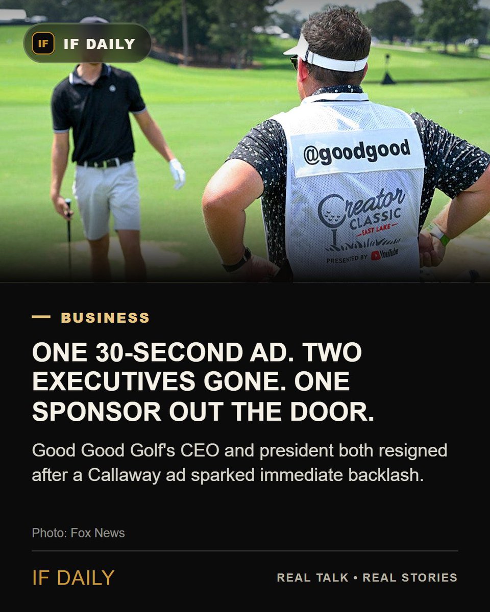 ifdailyofficial's tweet photo. Good Good Golf's CEO and president both resigned this week after a Callaway ad depicting a man shoving a woman sparked instant backlash. Callaway dropped the sponsorship entirely.
Full story: https://t.co/anXcCrkBCV https://t.co/cFlIDeXd97