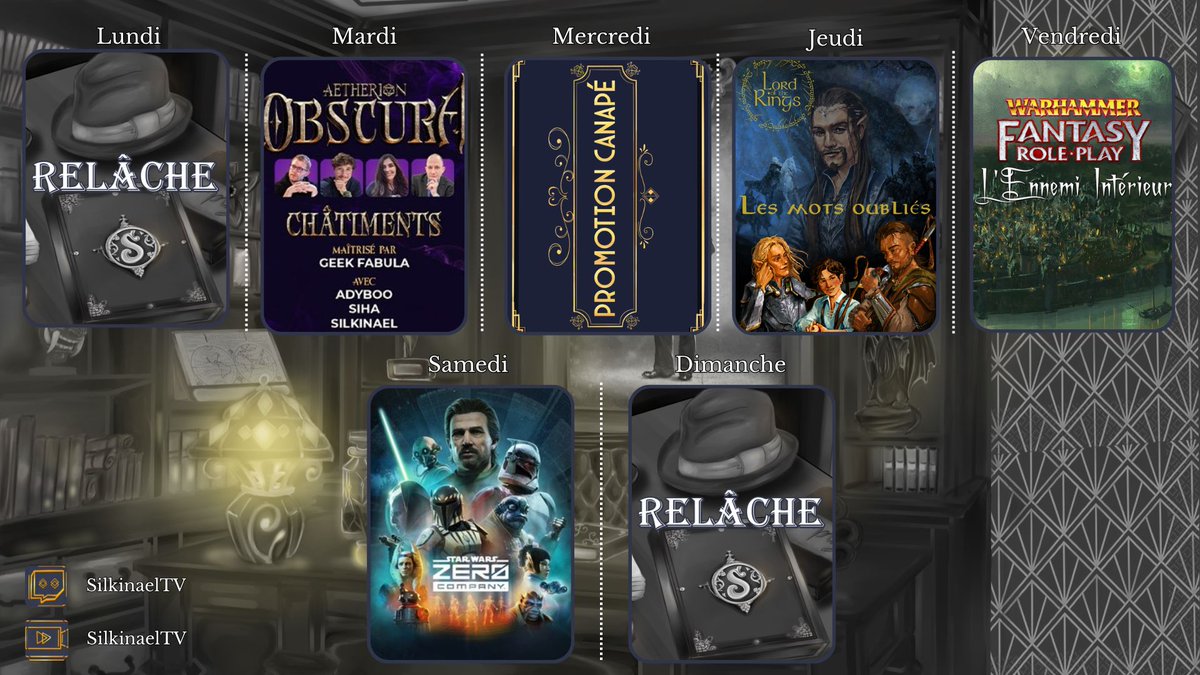 Silkinael's tweet photo. Ma : Aetherion Obscura chez @GeekFabula avec @Siha_Art & @MisterAdyboo
Me : EDITO "L'Enigme du fils disparu" & Promotion Canapé avec @diabalzane 
Je : l'Anneau Unique en plateau avec @Ivractus, @Siha_Art & @Elrohir_BFME 
Ve : Warhammer avec @lecercleJDR : @Arzilia_, @AsaliathTv, @lubu_wei, @Vince_Kun & @Benlek_J
