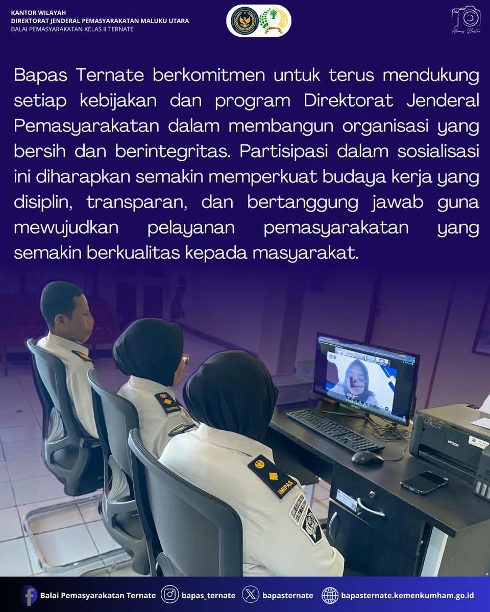 bapasternate's tweet photo. Bapas Ternate Ikuti Sosialisasi “SI PATUH IMIPAS” Secara Virtual, Wujudkan Tata Kelola yang Bersih

#kemenimipas
#guardanguide
#infoimipas
#bapasternate
#humasbapasternate https://t.co/XOwDd6Owcu