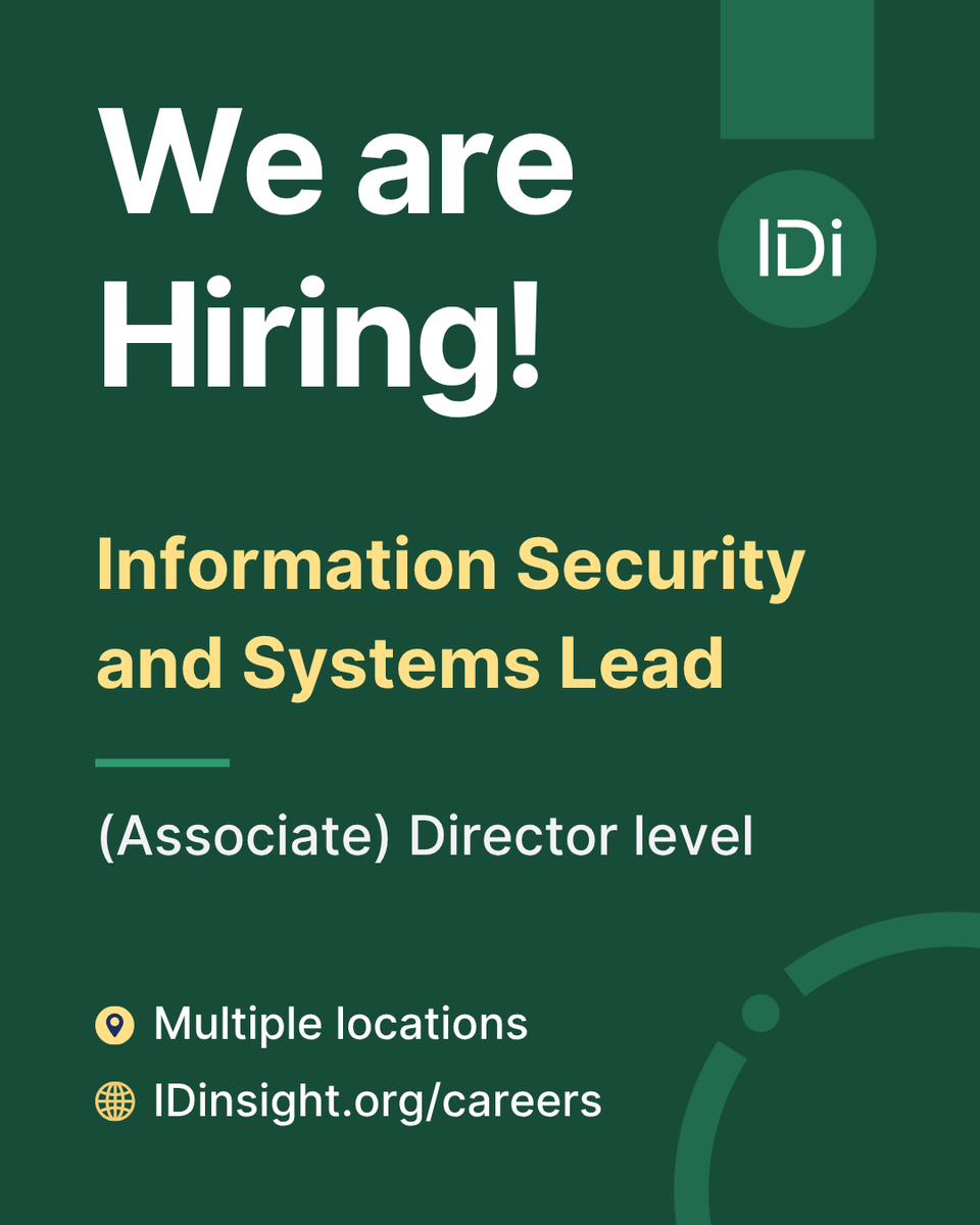 IDinsight's tweet photo. 📣 Hiring: Information Security &amp; Systems Lead 📣

In this role, you will build and shape security and enterprise systems that enable IDinsight teams across 7+ countries to achieve social impact.

You will report to and advise our executive team.

Apply below
🧵⤵️ https://t.co/isUJcy8WfS