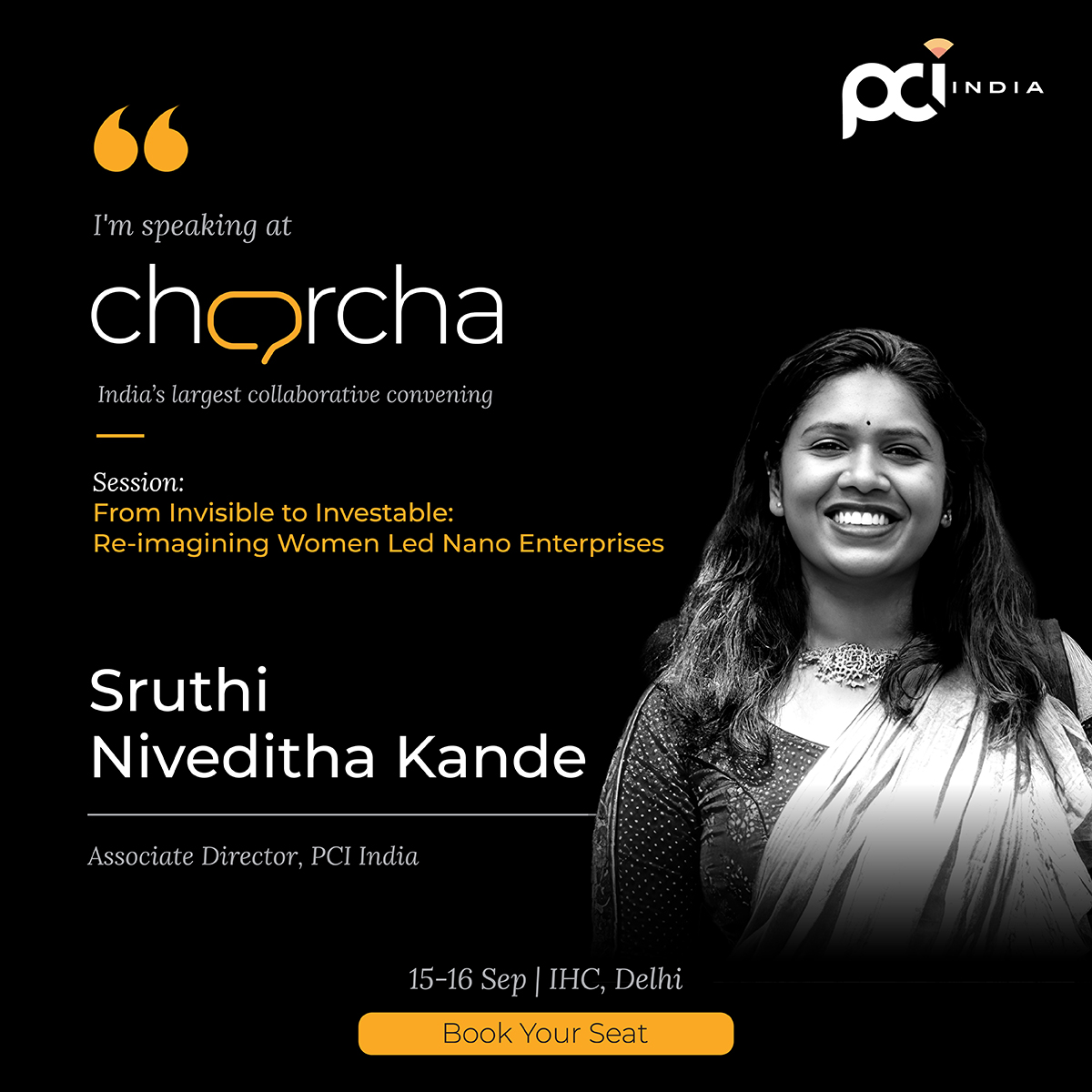 PCI_India_'s tweet photo. Joining the conversations at #Charcha2026 tomorrow is Sruthi Niveditha Kande, Associate Director at #PCIIndia, as panellist for the session "From Invisible to Investable: Re-imagining Women Led Nano Enterprises" in New Delhi. 

#Sustainability #ClimateAction #WEE #Livelihoods https://t.co/KmfBs688Dc
