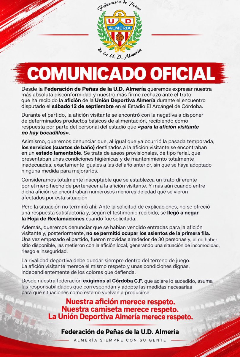 fpudalmeria's tweet photo. 📣 COMUNICADO

La @fpudalmeria se suma a los comunicados de otras peñas y a las quejas publicadas por parte de diversos aficionados de la @U_D_Almeria que se desplazaron al partido contra el @CordobaCF_ofi el pasado fin de semana. https://t.co/KrE3TZMfCP