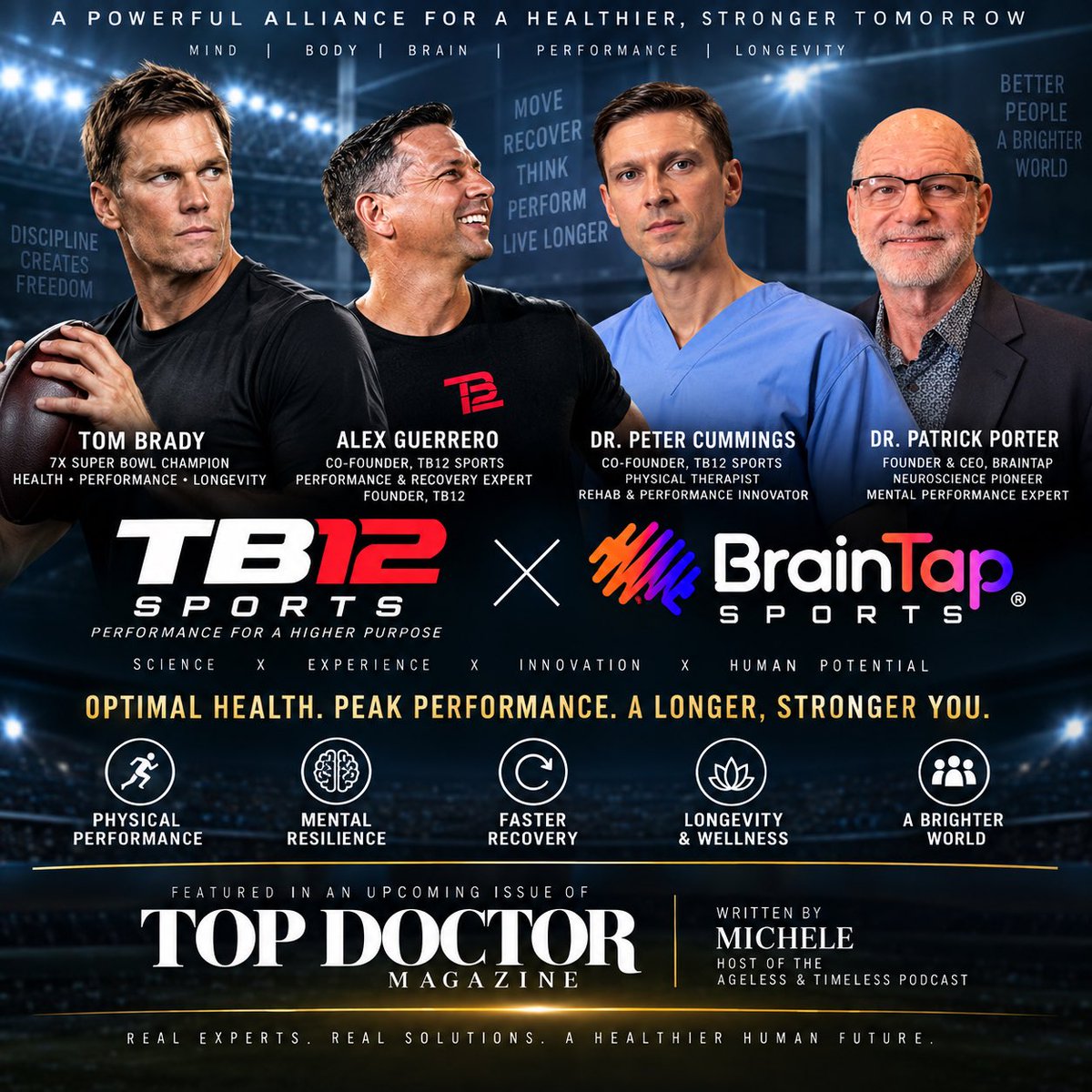 robfletcherLMG's tweet photo. Beyond Longevity. Building a Better Human. 🧠⚡

Exciting news: an upcoming Top Doctor Magazine feature explores the powerful convergence of TB12 Sports × BrainTap—where elite performance, neuroscience, recovery and longevity meet. https://t.co/j5dYeGFcDJ