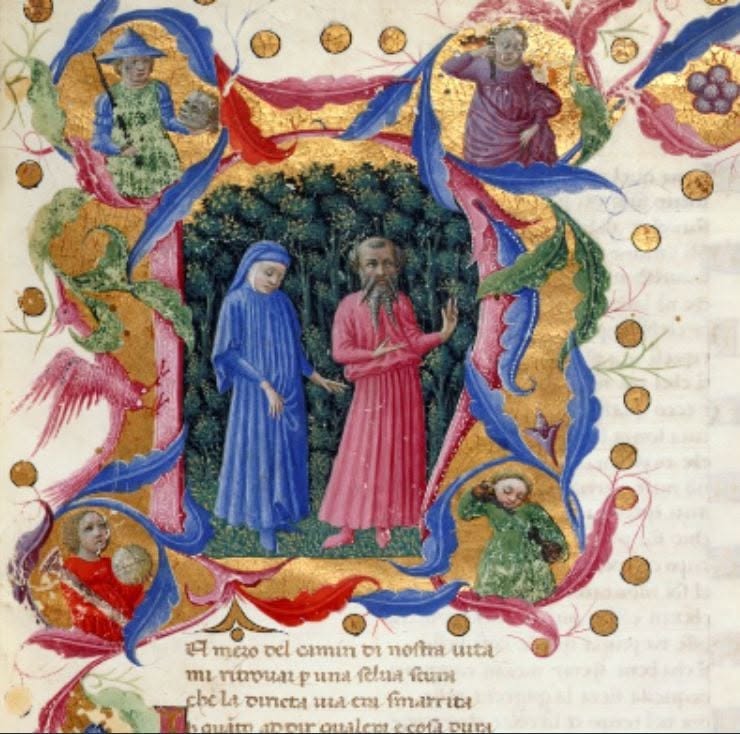 RembrandtsRoom's tweet photo. #Onthisday in 1321, Dante Alighieri died.
Here, Dante and Virgil embark on their visionary journey (c1450, BL). Illuminations by Priamo della Quercia.
Canto I from "Inferno" with the famous opening line
"Nel mezzo del cammin di nostra vita
mi ritrovai per una selva oscura." https://t.co/gLOidbUYoc