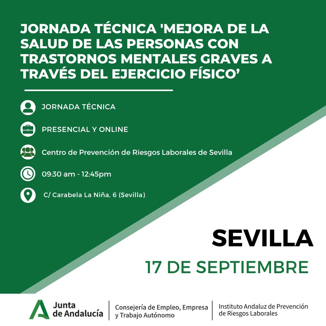 IAPRL's tweet photo. Jornada técnica 'Mejora de la salud de personas con trastornos mentales graves a través del ejercicio físico' 🏃🏻‍♀️

El próximo 17 de septiembre en Sevilla, una jornada sobre cómo el ejercicio físico mejora la salud de las personas con trastornos mentales graves.

👉 Te esperamos para seguir avanzando en cultura preventiva y salud laboral.

🔗https://t.co/qHVOqsEROW

#IAPRL #PRL
