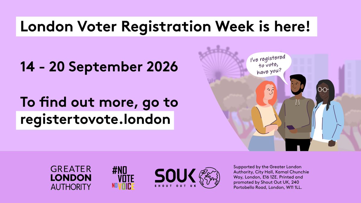 BarnetTogether's tweet photo. London Voter Registration Week starts now ๐
Take a few minutes to make sure you're on the electoral register.
#RegistertoVote today ๐ https://t.co/A7WPNjFuJC
Together, let's make the eighth London Voter Registration Week the biggest yet.
#LVRW2026 #NoVoteNoVoice https://t.co/osYMBJIkND