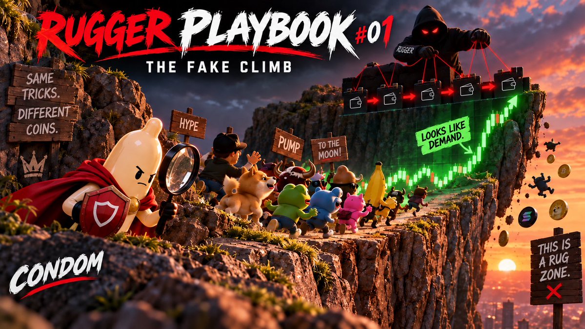 CondomOnChain's tweet photo. RUGGER PLAYBOOK #01: THE FAKE CLIMB

The pump looks real.
The wallets say otherwise.

Connected wallets can manufacture activity, attract real liquidity, then exit into it.

We’re building CONDOM to know those wallets, track their behaviour, and warn you when they show up.

Follow the wallets. Protect your entry. 🛡️

#Solana #PumpFun #Memecoins #Crypto