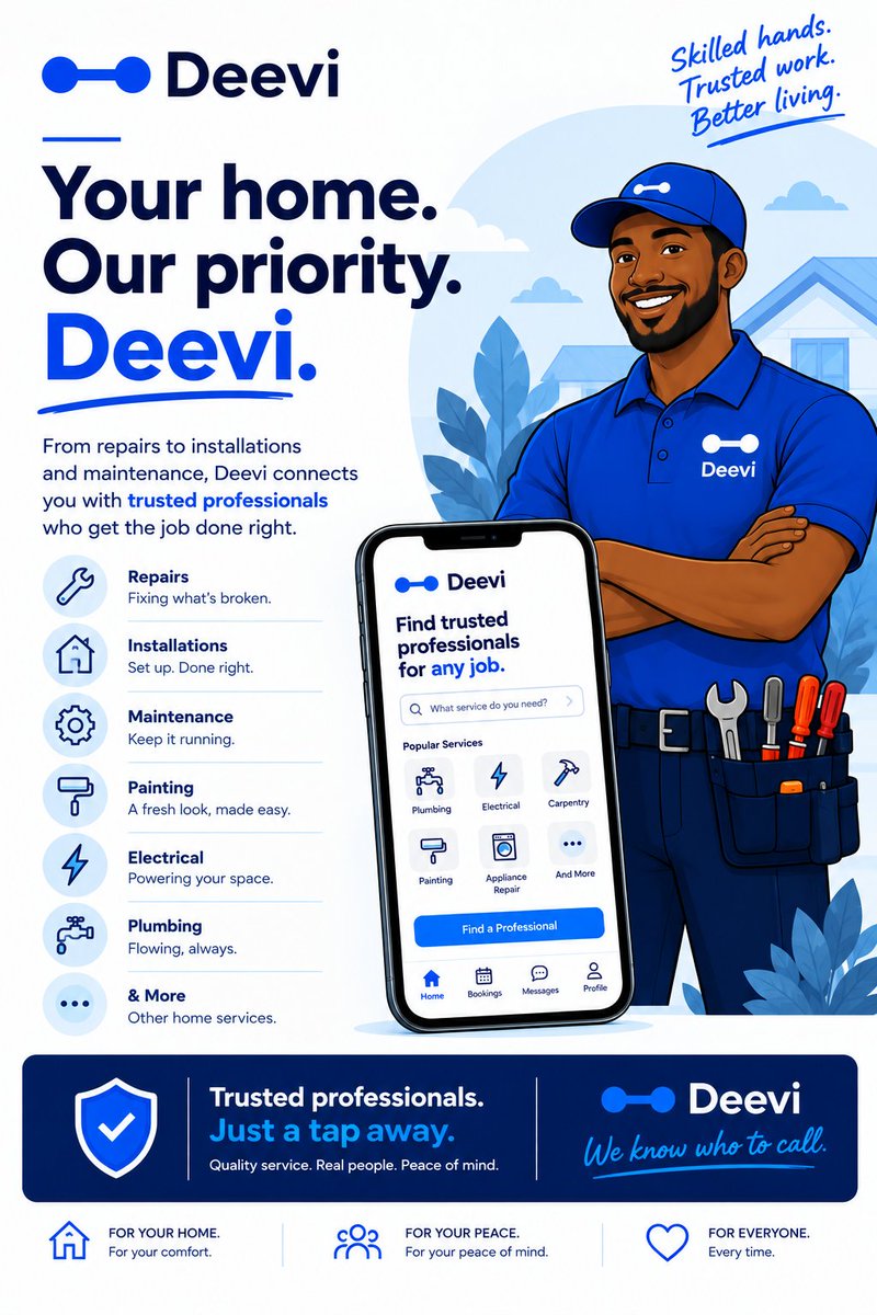 its_deevi's tweet photo. Your home. Your needs. The right professional.
Deevi is making it easier to find trusted people for repairs, installations, maintenance, and more.
Quality service. Real people. Peace of mind.
#Deevi #Nigeria #HomeServices #Startup https://t.co/EXHV8RUGGu