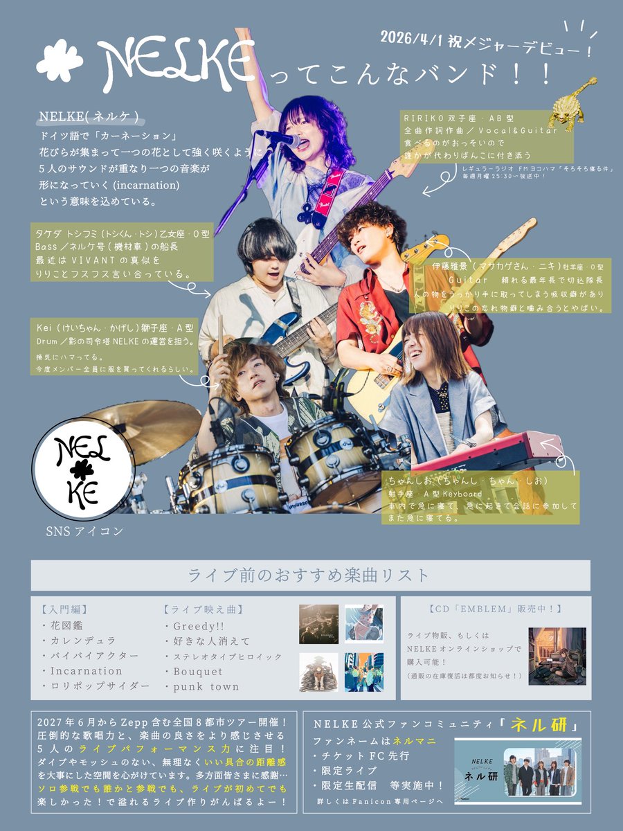 NLK_RRK's tweet photo. 全国ツアーや各地のフェスを通して
NELKEを知ってくださった皆様へ

私たちのことがもうちょっとだけ🤏わかる
自己紹介画像 最新版!

次の季節もよろしくお願いします♪

------
2027年ワンマンツアー
チケット一般販売中❗️🦖
🎫 https://t.co/dGbzY9loCV

#NELKE https://t.co/VzzWqhZ376