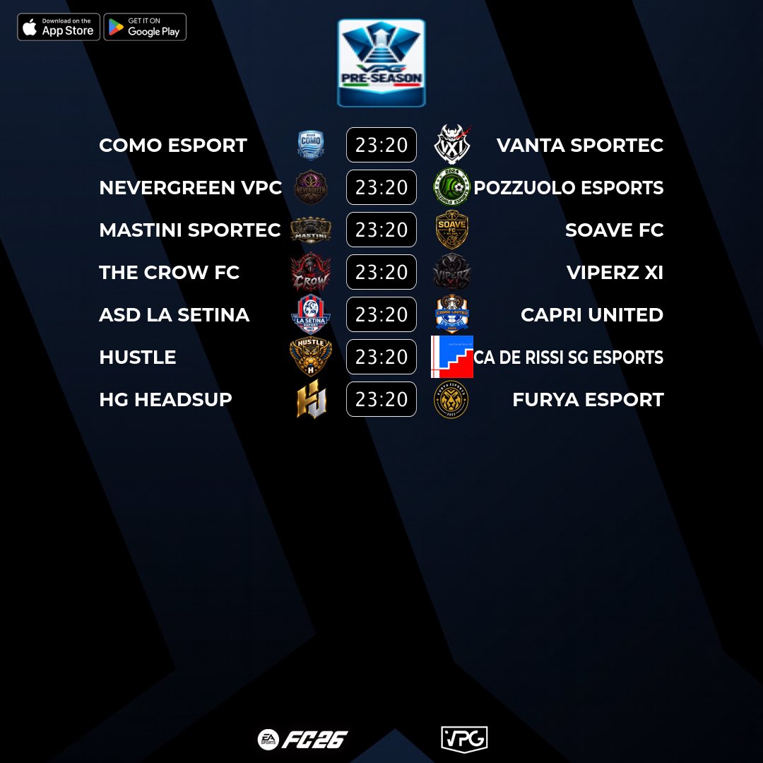 VPGItaly's tweet photo. 🇮🇹 @VPGItaly Pre-Season
⚽️ Match #3
🗓️ 14/09/2026 - 23:20
🖥️ https://t.co/PQYHjKtQmk

➡️ @Como_esports 🆚 @Vantaproclub
➡️ @nevergreenvpc 🆚 @BlackLionsFIFA
➡️ @MST_evergreen 🆚 @SoaveFC
➡️ @TheCrowFc_ 🆚 @ViperzXI
➡️ @ASDLaSetinaeSp 🆚 @capri_united
➡️ @HustleProClub 🆚 @Caderissisg_esp
➡️ @HeadsUpEs 🆚 @FuryaeSports

#FC26 #VPG #ProClubs #EAFC #WhereTheChampionsPlay