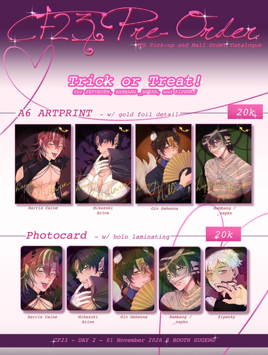 vivevolatile's tweet photo. [like&amp;RT appreciated]

Halloween is coming! And so is my CF23 Pre-Order Catalogue~🩷

🛒 Booth: GEDENG (table number TBA)
📆 PO Time: 13 - 25 Sept 2026
💌 Pick-up OTS and Mail Order

Selling: #SeFurDen, Harris Caine, _nspkn, kipenky

⬇️ Link in reply! ⬇️ 

#CF23 #comifuro23 https://t.co/hVxBmSUw3M