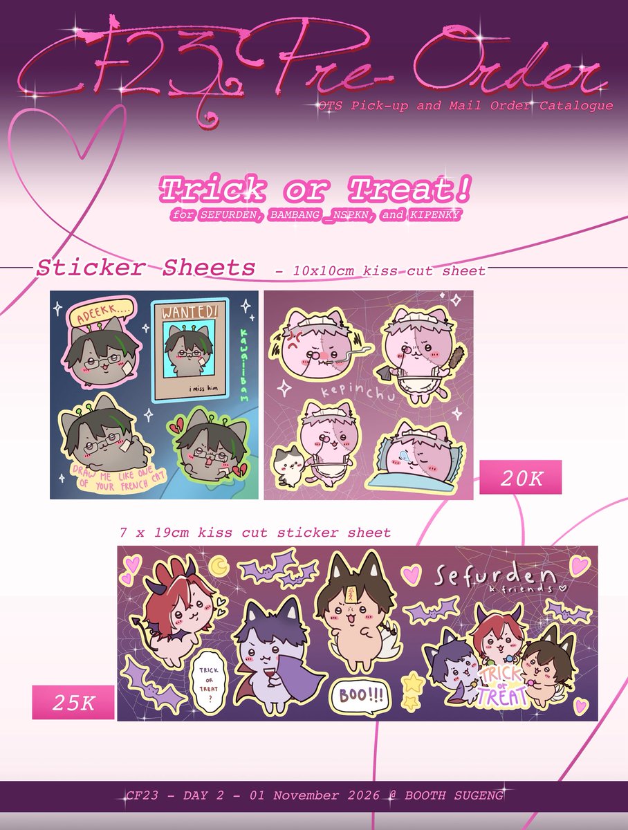 vivevolatile's tweet photo. [like&amp;RT appreciated]

Halloween is coming! And so is my CF23 Pre-Order Catalogue~🩷

🛒 Booth: GEDENG (table number TBA)
📆 PO Time: 13 - 25 Sept 2026
💌 Pick-up OTS and Mail Order

Selling: #SeFurDen, Harris Caine, _nspkn, kipenky

⬇️ Link in reply! ⬇️ 

#CF23 #comifuro23 https://t.co/hVxBmSUw3M