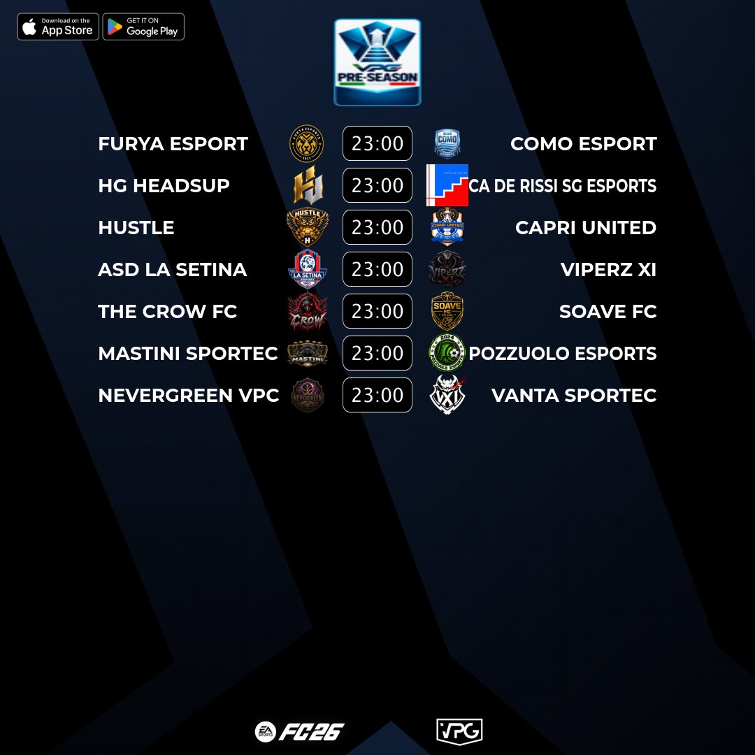 VPGItaly's tweet photo. 🇮🇹 @VPGItaly Pre-Season
⚽️ Match #2
🗓️ 14/09/2026 - 23:00
🖥️ https://t.co/PQYHjKtQmk

➡️ @FuryaeSports 🆚 @Como_esports
➡️ @HeadsUpEs 🆚 @Caderissisg_esp
➡️ @HustleProClub 🆚 @capri_united
➡️ @ASDLaSetinaeSp 🆚 @ViperzXI
➡️ @TheCrowFc_ 🆚 @SoaveFC
➡️ @MST_evergreen 🆚 @BlackLionsFIFA
➡️ @nevergreenvpc 🆚 @Vantaproclub

#FC26 #VPG #ProClubs #EAFC #WhereTheChampionsPlay