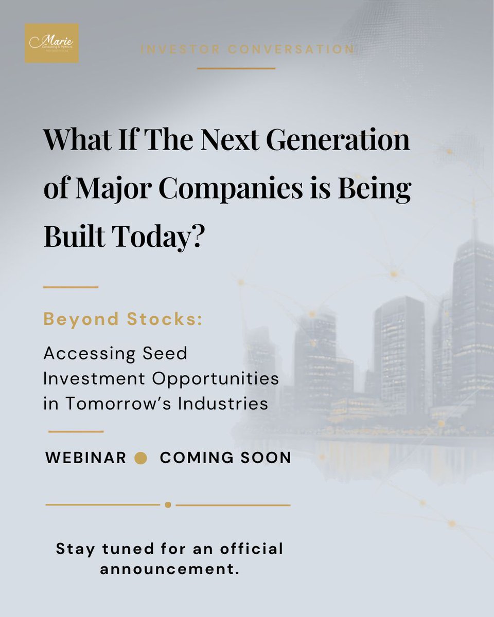 Marieconsultng's tweet photo. What if tomorrow’s market leaders are being built today?

​Join top investment pros as we explore how leading investors spot high-potential early-stage opportunities.

​Beyond Stocks: Accessing Seed Investment Opportunities

​Webinar coming soon. 

​#SeedInvesting https://t.co/HO3tqFJcaC